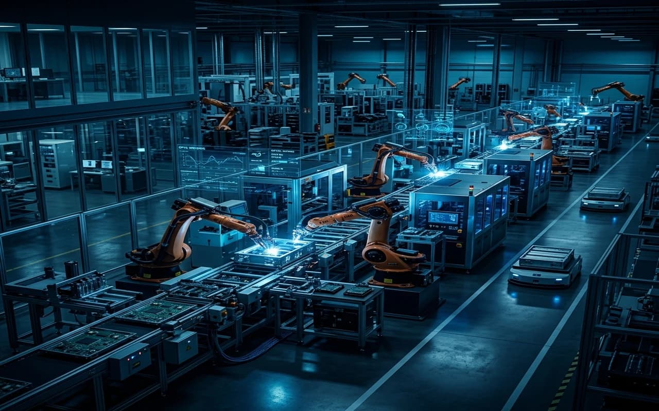 Smart manufacturing facility with automated robotics, IoT sensors, and connected industrial technology